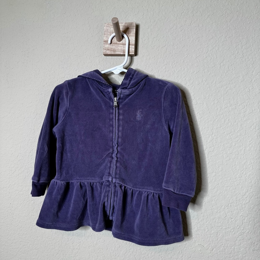 Ralph Lauren Girls Purple Velour Peplum Full Zip Hoodie Sweatshirt 18M